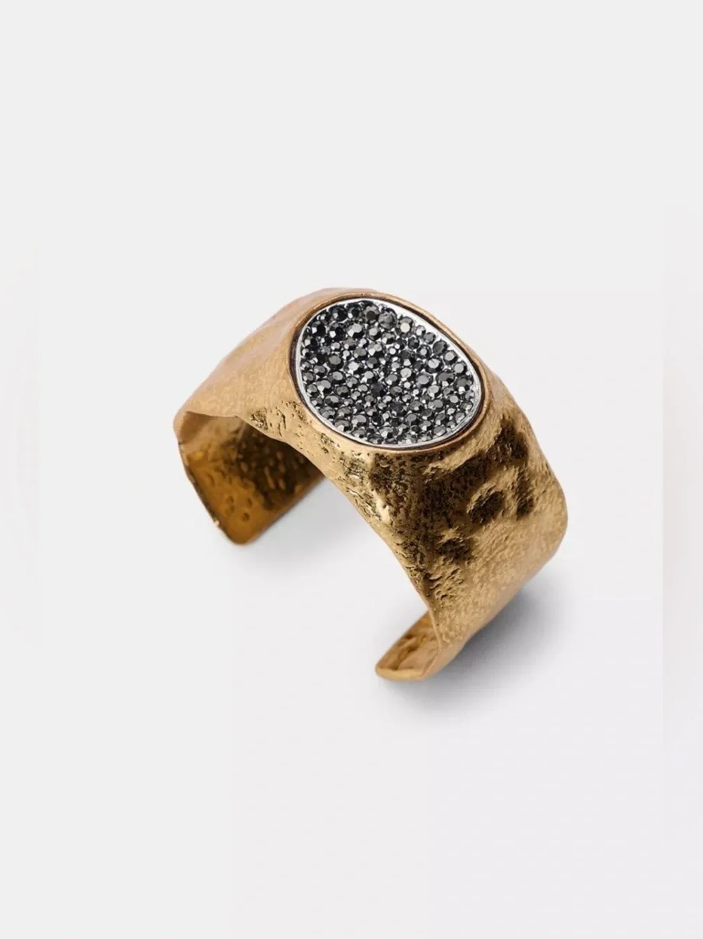 Zara NWT Gold Hammered Cuff Bracelet with Black Crystal Pavé Statement Detail
